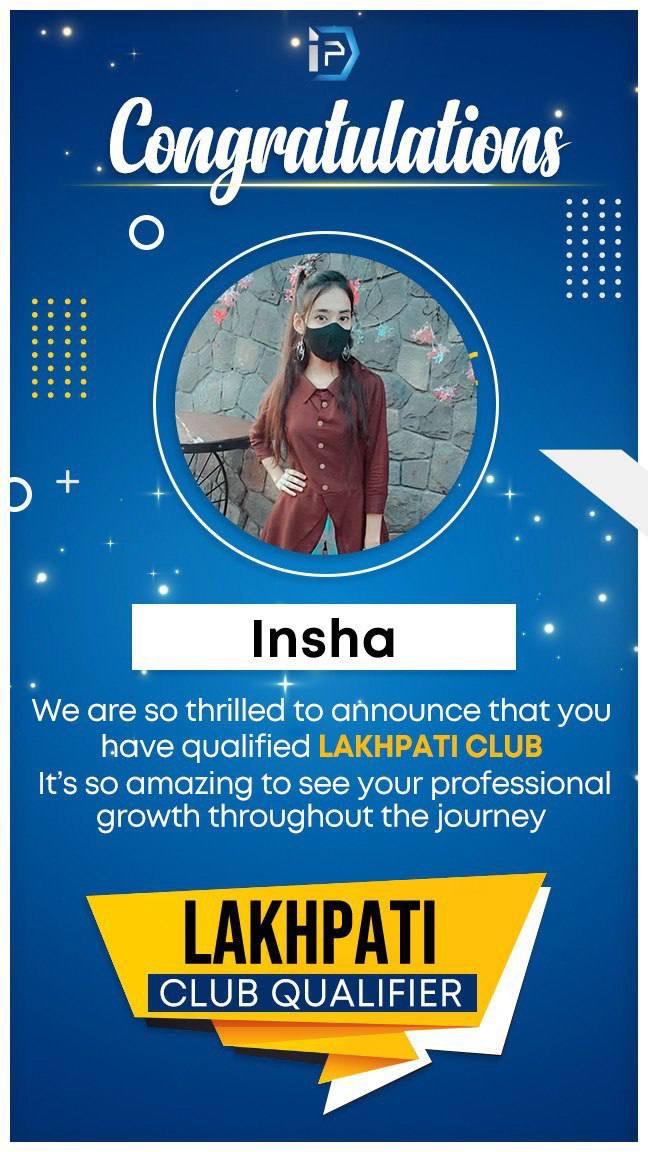 Image Showing achievement of miss insha khan when she qualified for lakhpati club